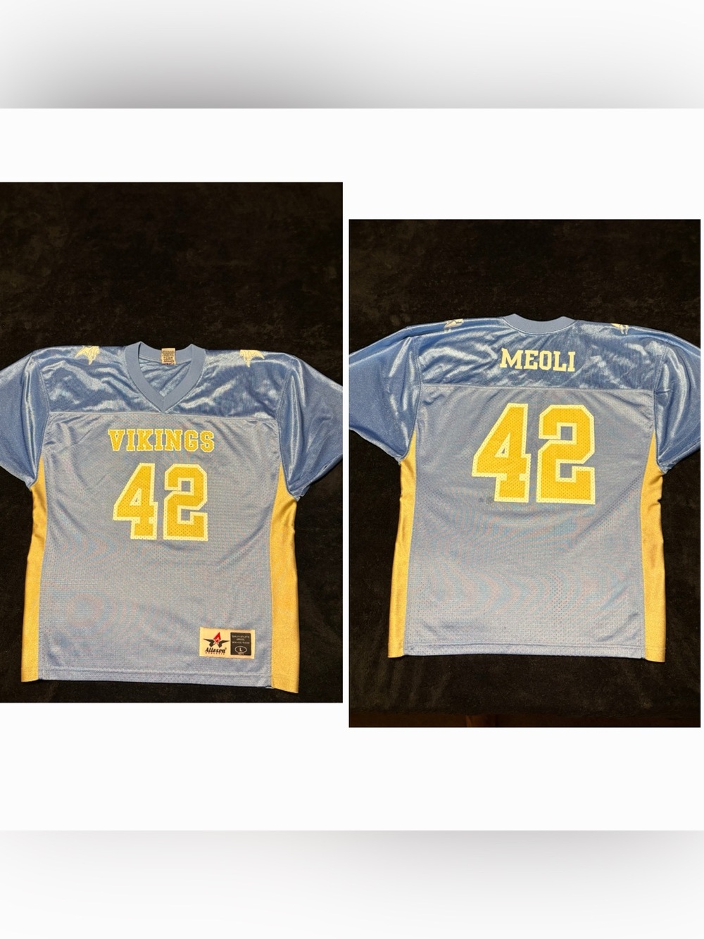Vikings x Allison x Meoli #42 gold light blue jersey men's small youth large